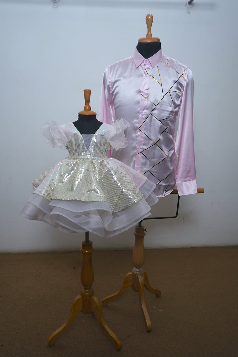Baby Pink Satin With Organza And Sequin Dad Daughter Combo