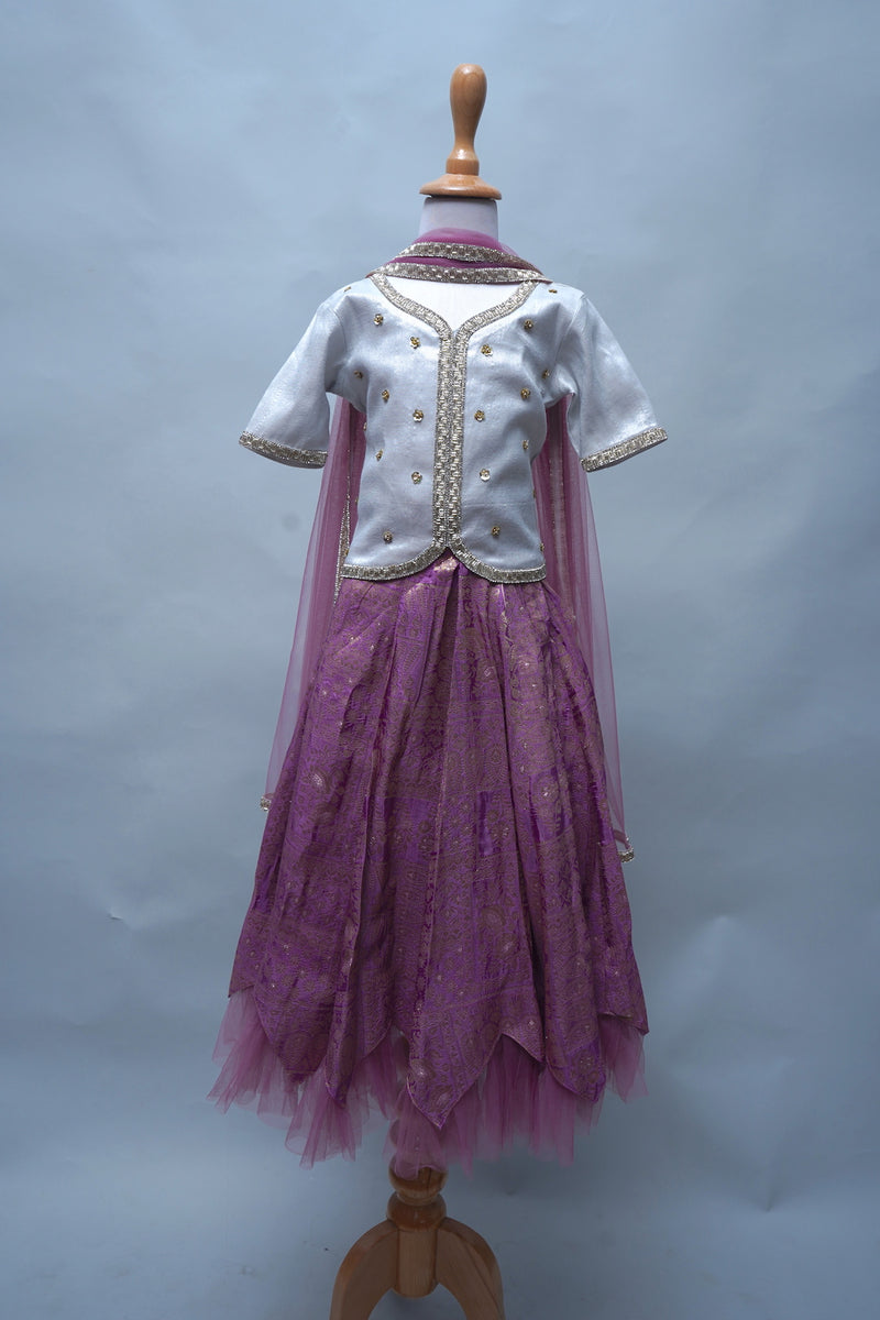 Lavender Raw Silk With White Satin Emphasis Kid Dress