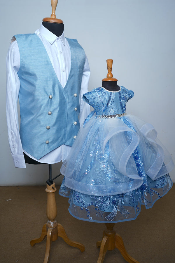 Sea Blue Raw Silk With Fancy Net Ball Gown Dad Daughter Combo