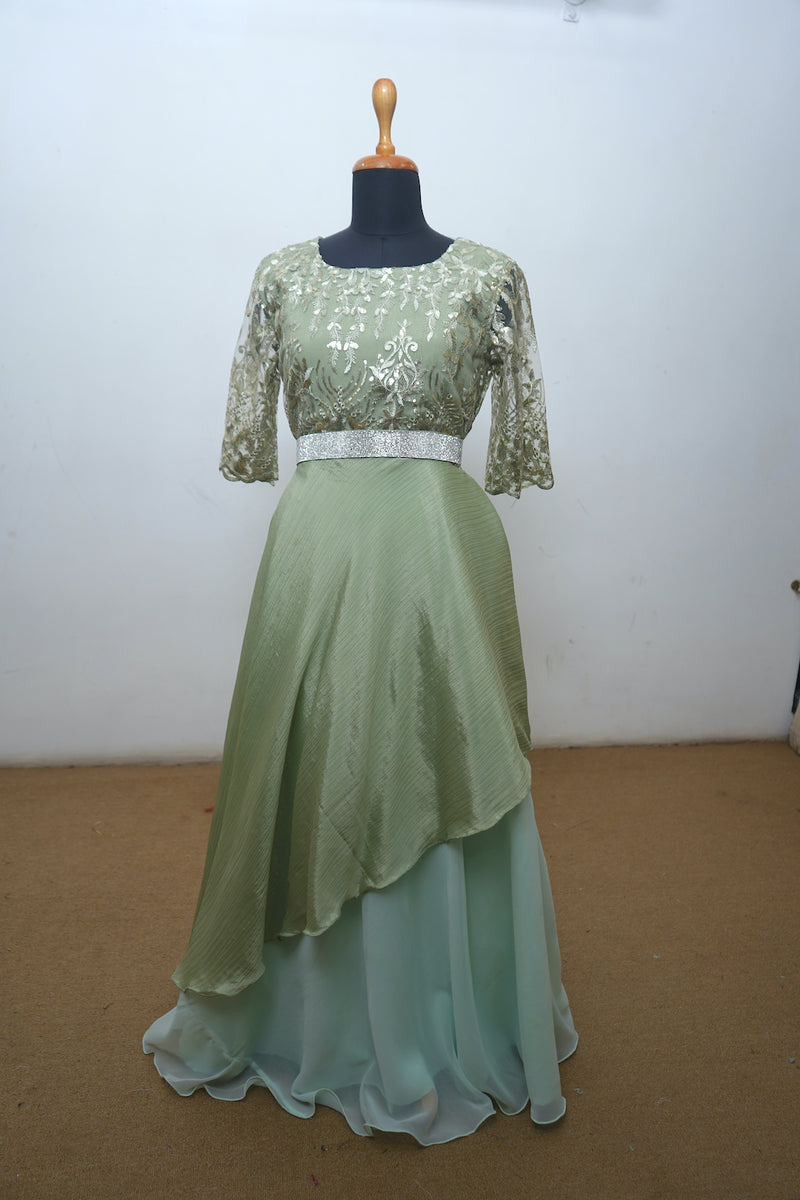 Pale Green Fancy Net With Shimmer Georgette Asymmetrical Mom Dress