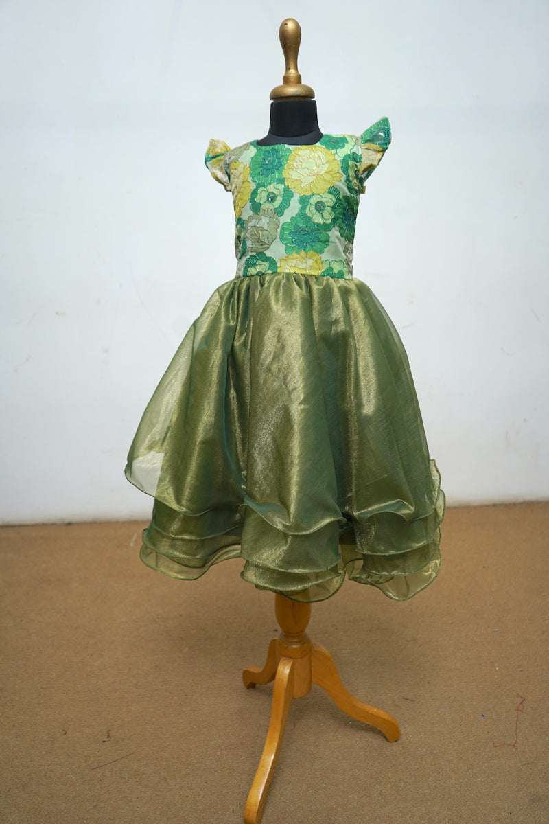 Olive Green Printed Organza With Shimmer Net Layered Kid Dress