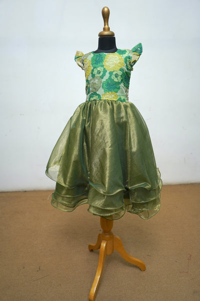 Olive Green Printed Organza With Shimmer Net Layered Kid Dress