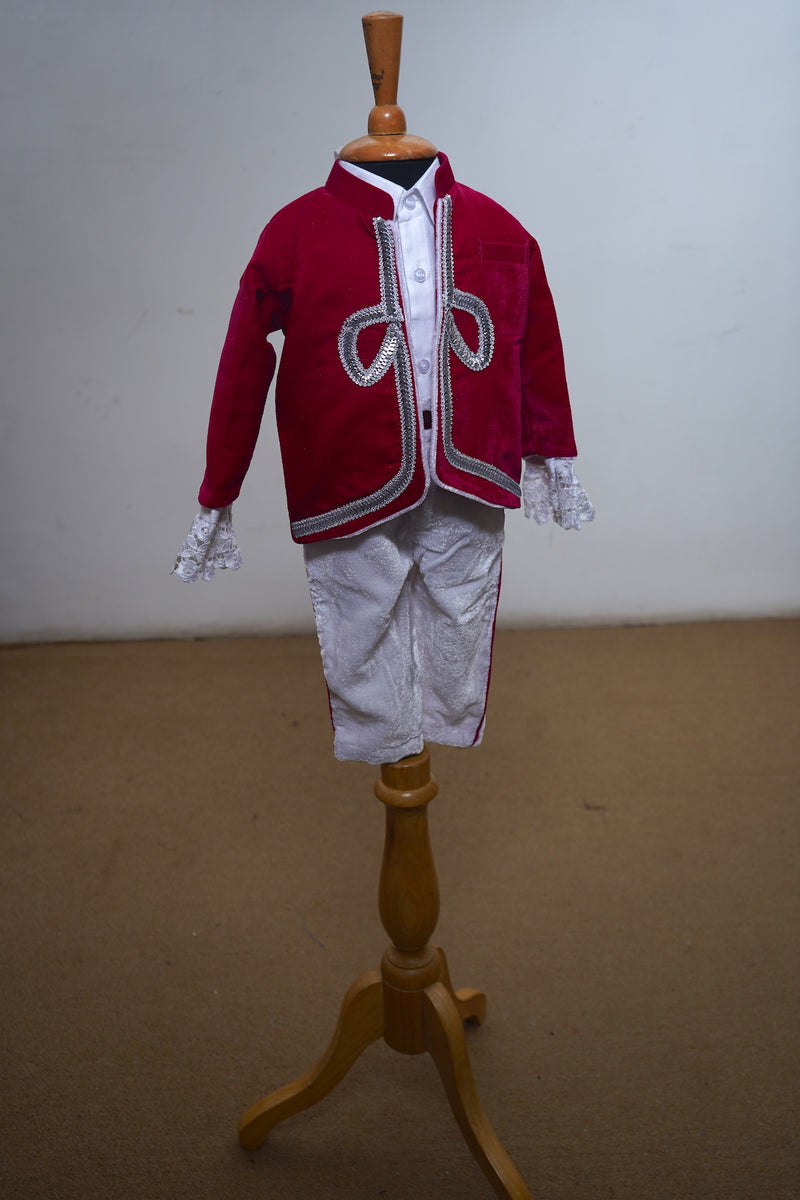 Magenta Kid Blazer Suit With Velvet And Silver Lace