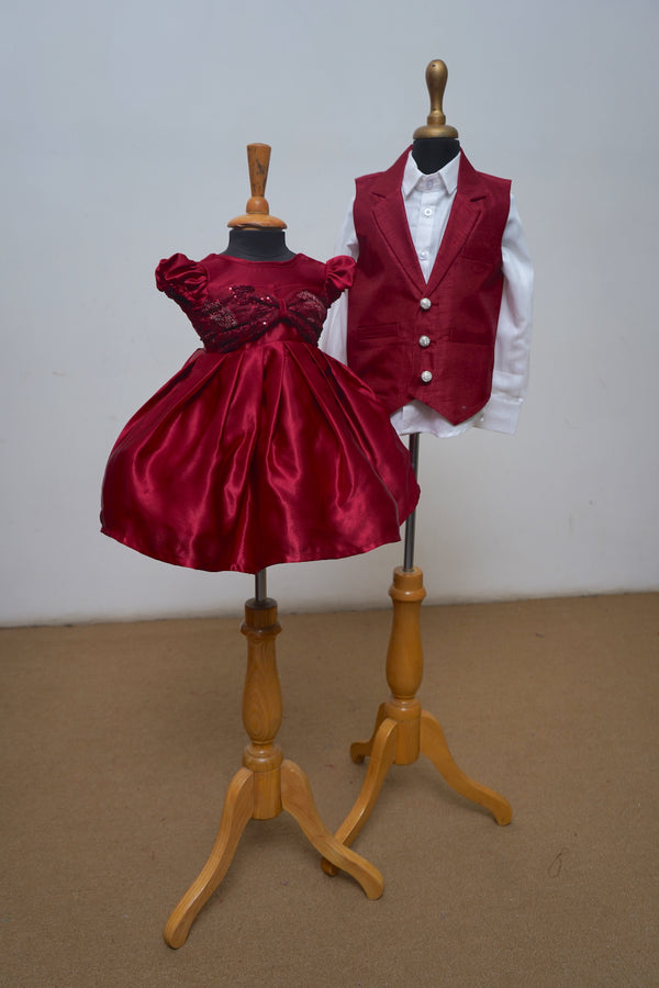 Red Wine Ball Gown With Fancy Net ,Satin And Raw Silk  Waist Coat