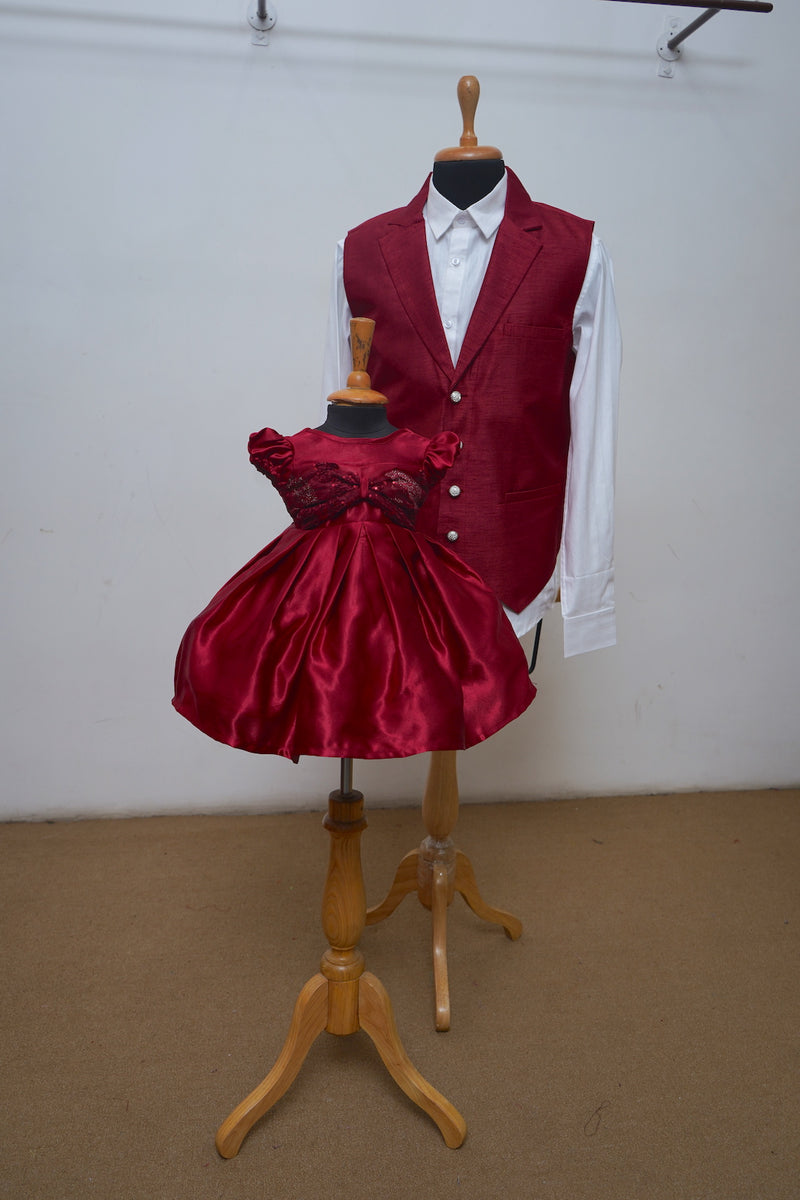 Red Wine Ball Gown With Satin , Fancy Net And Waist Coat With Raw Silk
