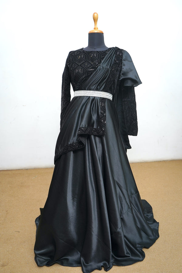 Black Sequin Printed Velvet With Satin And Silver Belt Mom Dress