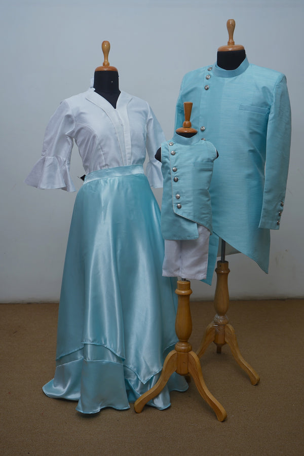 Sea Blue Satin With Raw Silk Indo Western Family Combo