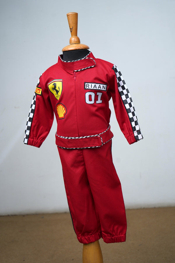 Red Cotton With Racer Print Kid Jumpsuit