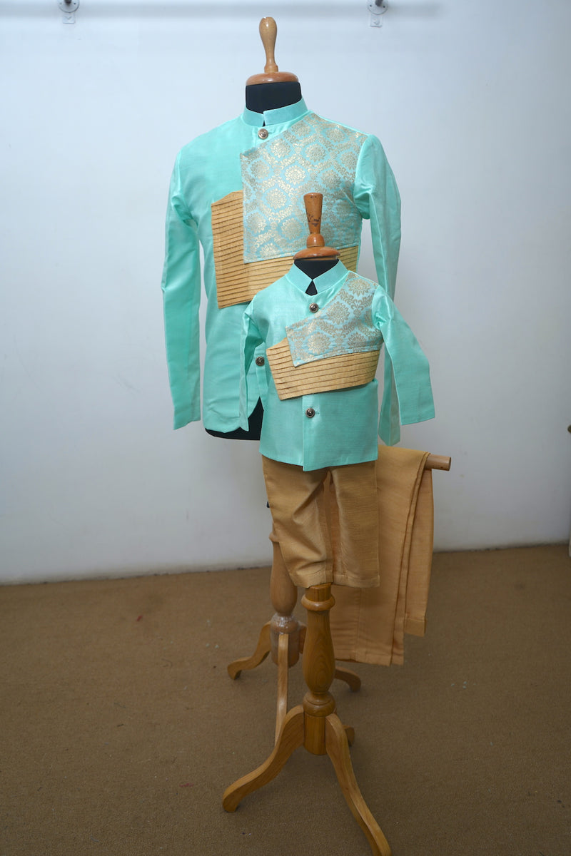 Mint Green Raw Silk With Brocade Jodhpuri Suit Dad Son Combo