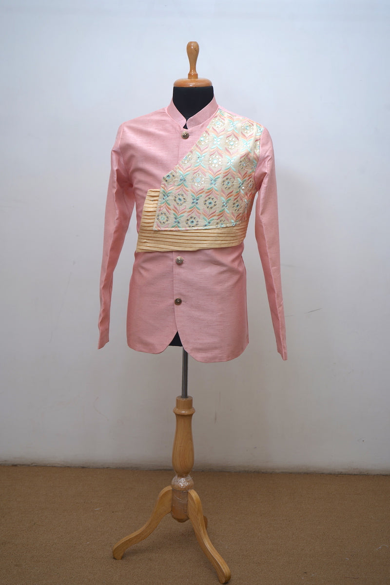 Half White Brocade With Pinkish Raw Silk Coat