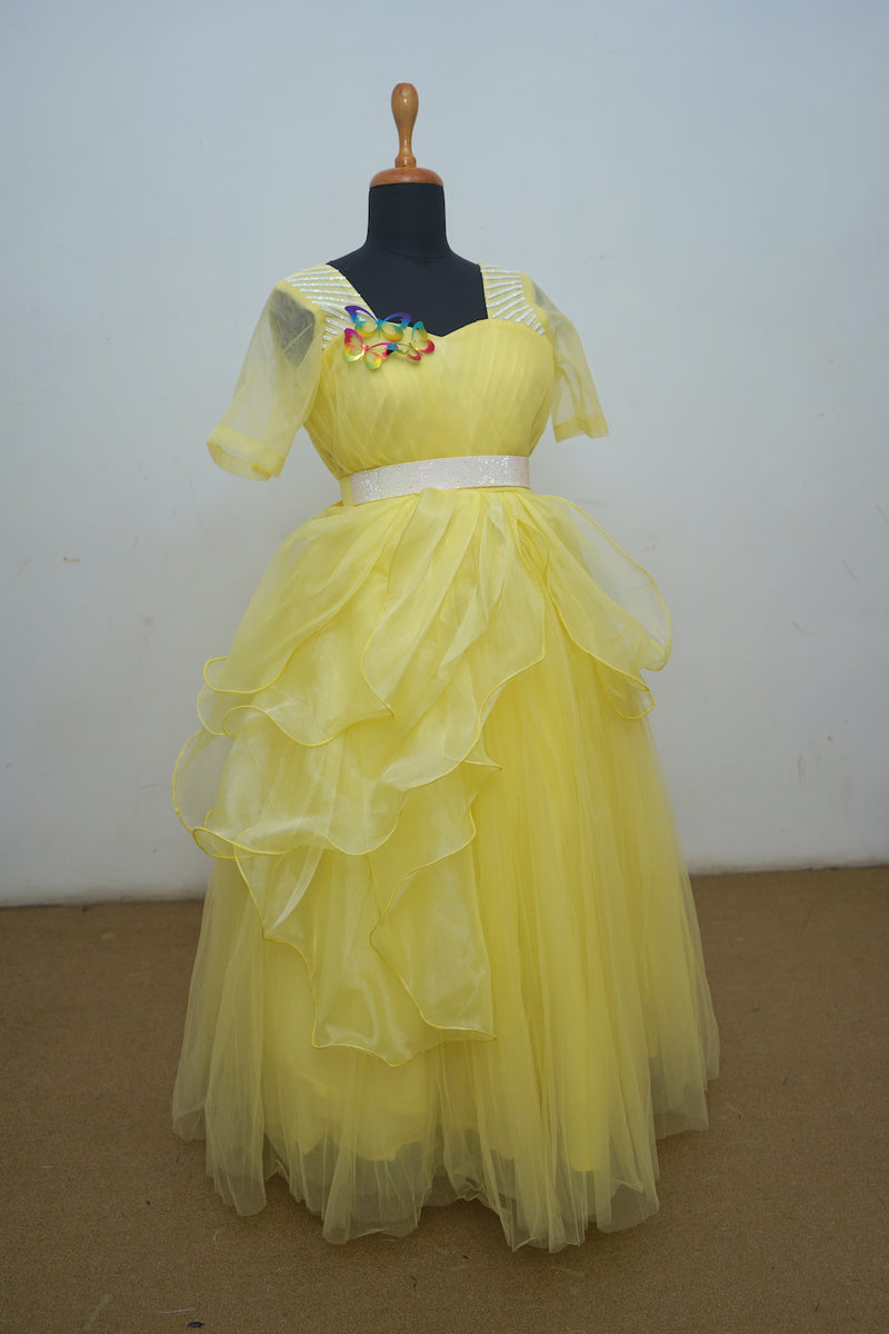 Yellow Organza With Silver Stones Emphasis Mom Dress