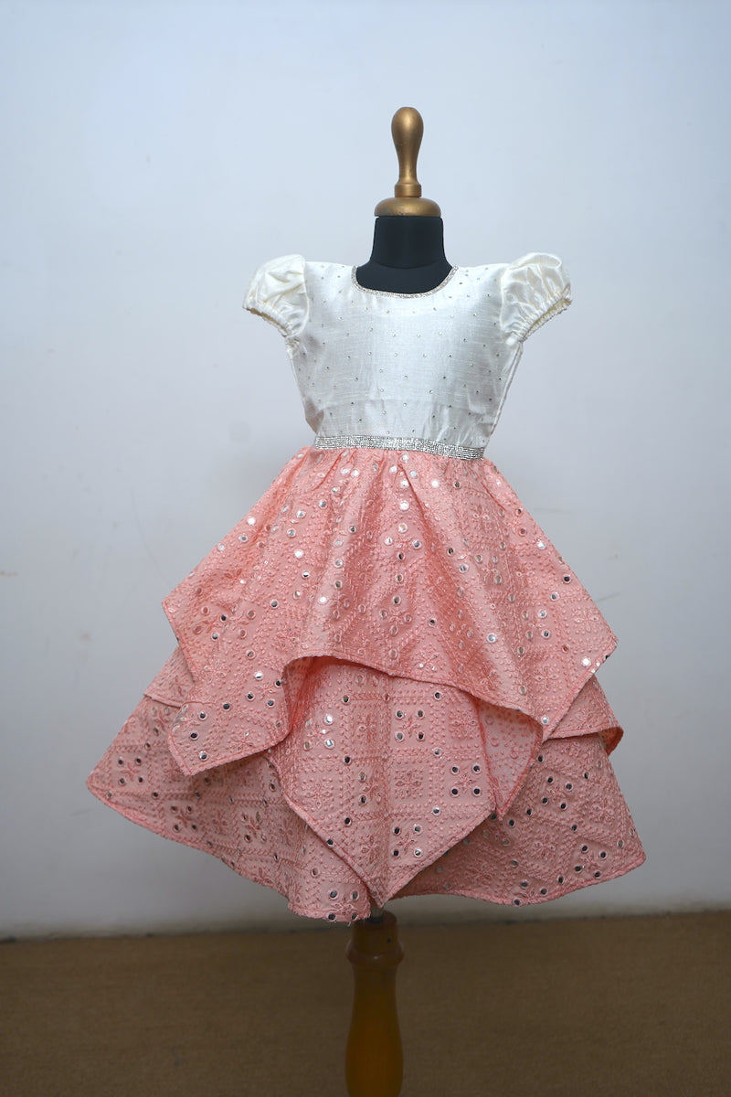 Peach Mirror Work With White Raw Silk Kid Dress
