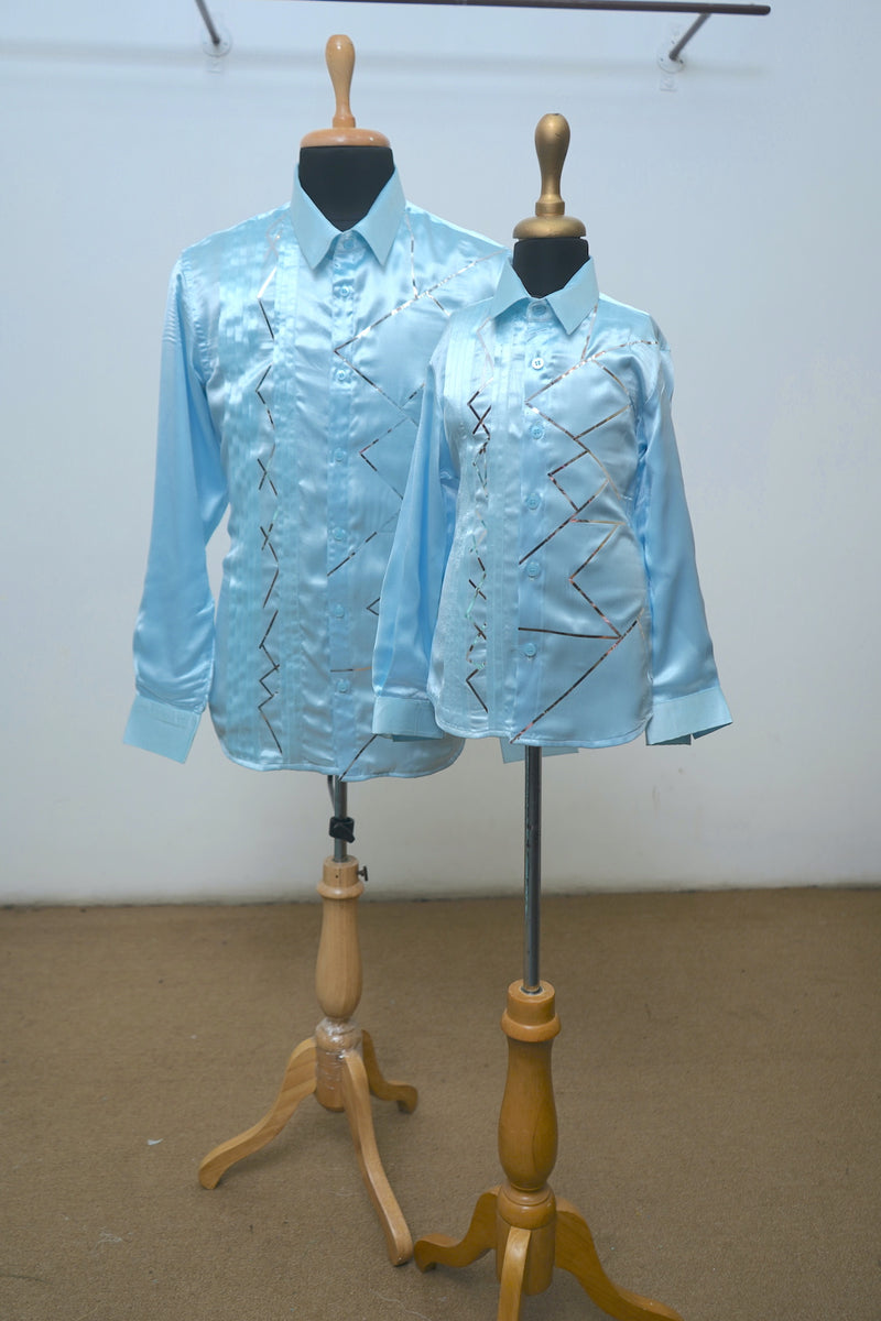 Arctic Blue Satin Shirt With Silver Foil Dad Son Combo