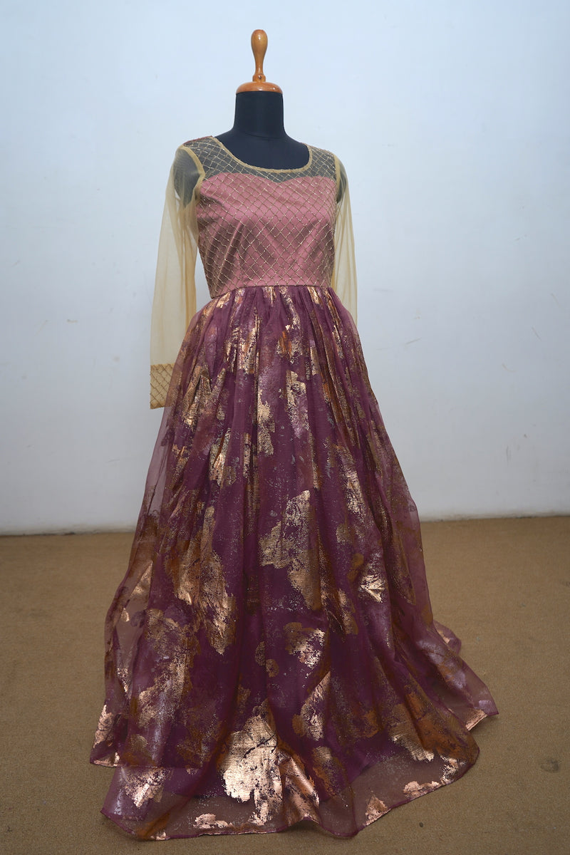 Gold Foiled Plum Organza With Gold Net Mom Dress