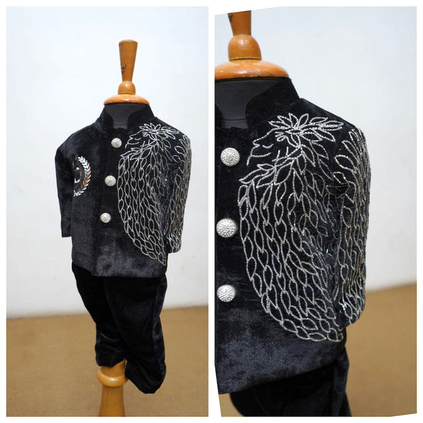 Black Velvet Jodhpuri Suit With Silver Emphasis For Son