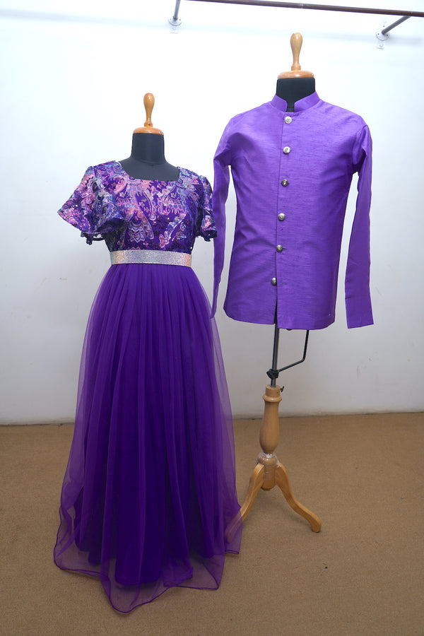 Violet Embroidered Net With Raw Silk Couple Combo