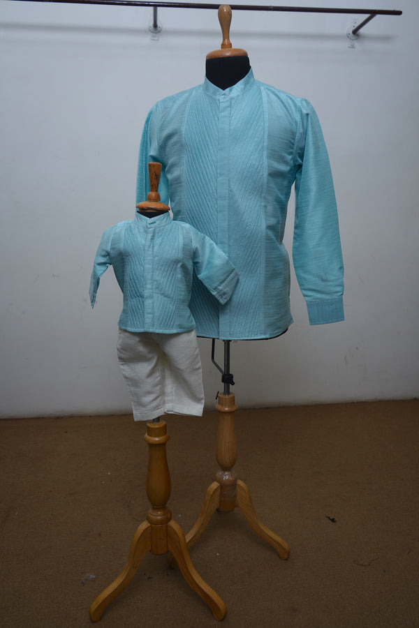 Sea Blue Raw Silk Emphasised Dad Son Combo