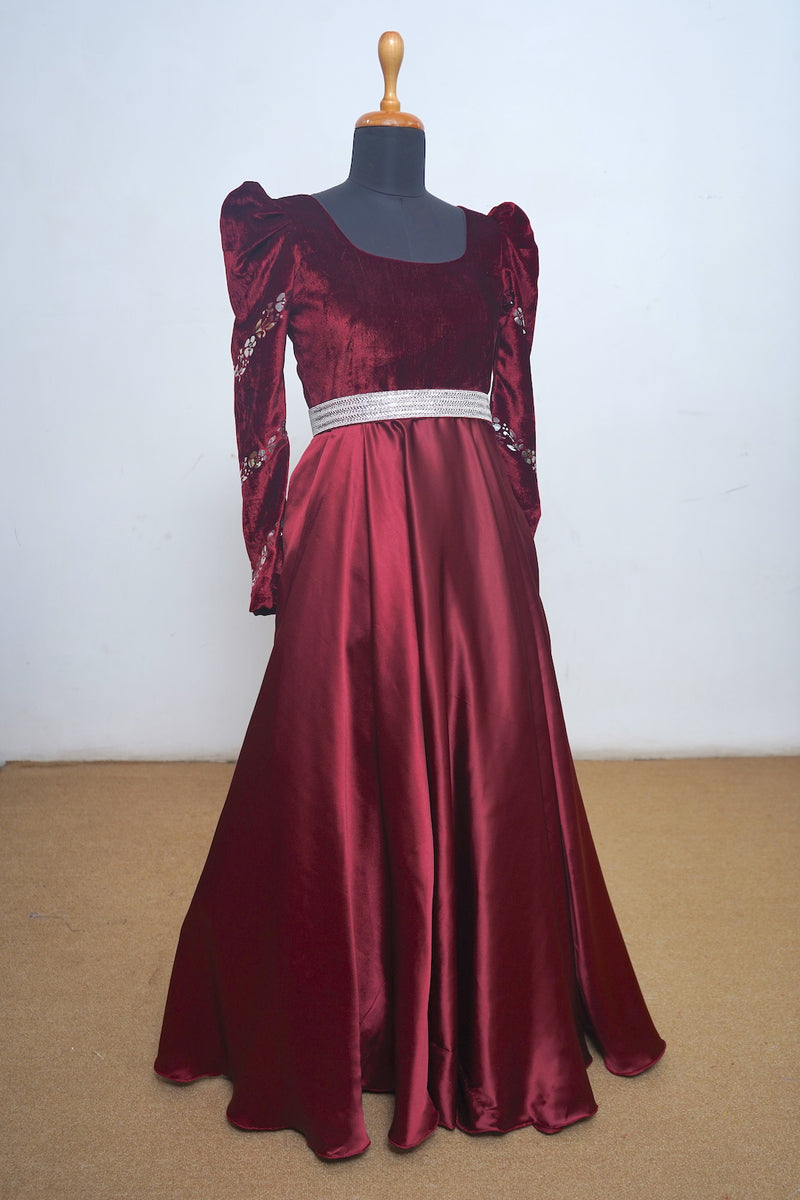 Red Wine Velvet Mom Dress With Silver Embroidery