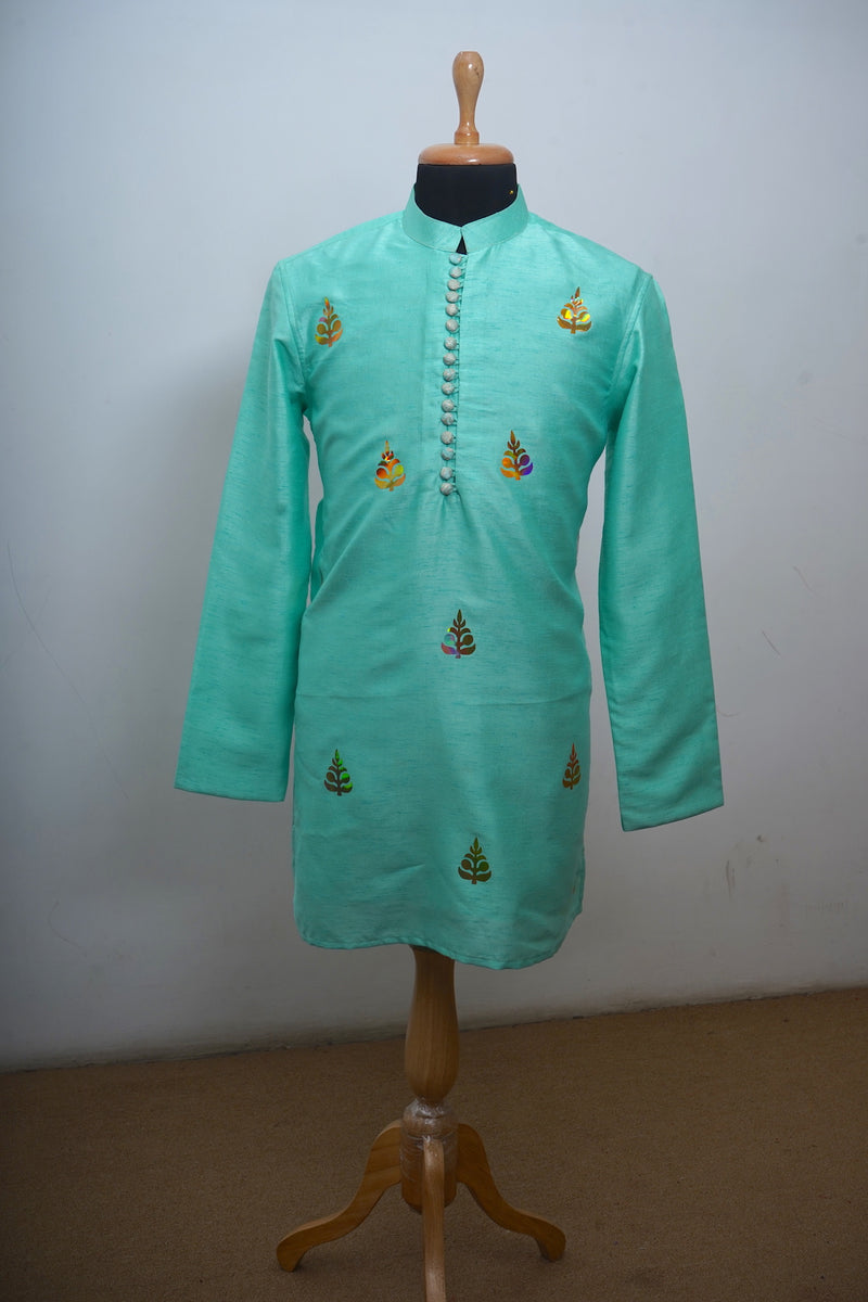 Aqua Green Raw Silk With Gold Foil Dad Kurta