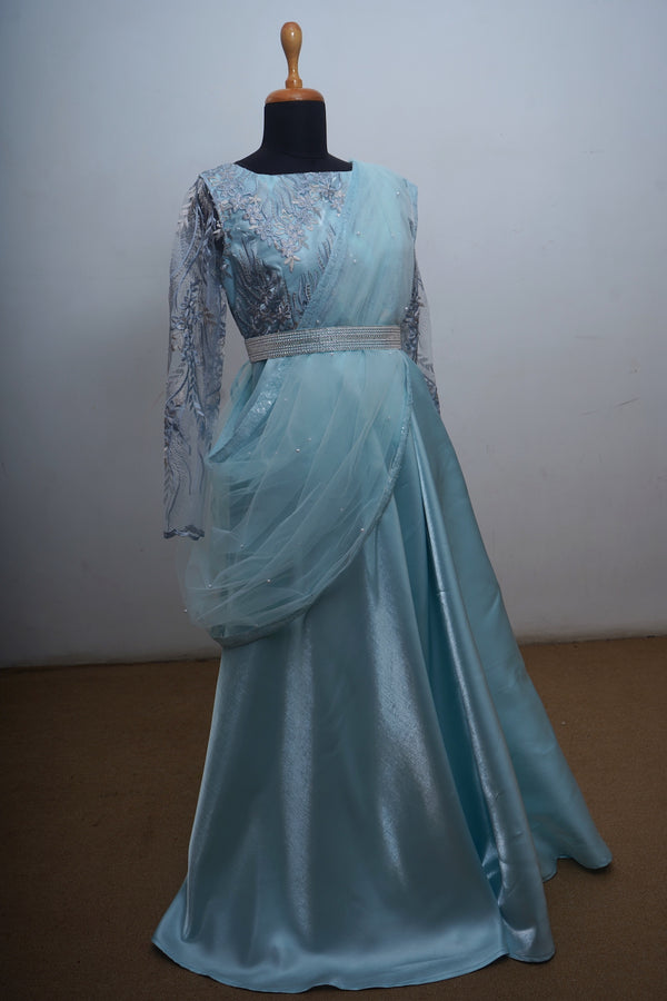 Sea Blue Fancy Net With satin Indo Western Mom Dress