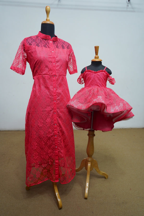 Pink Punch Mom Kurta And Baby Ball Gown With Fancy Net Mom Daughter Combo