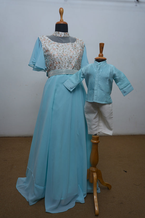 Sea Blue Raw Silk And Georgette with Brocade Mom Son Combo