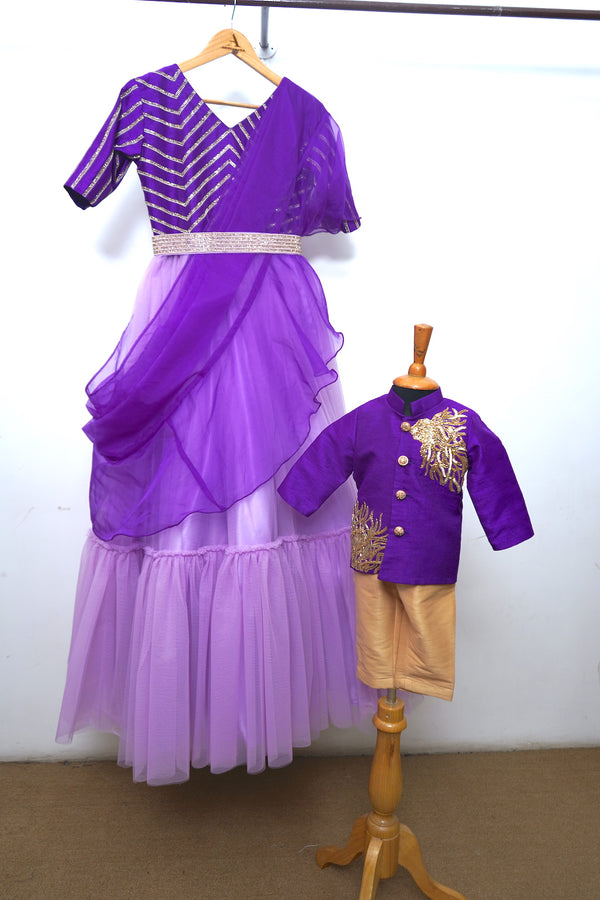 Violet Jodhpuri Set With Lavender Net Mom Son Combo