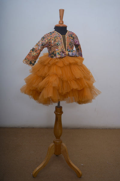 Yellow Fancy Net With Latte Frills Baby Dress