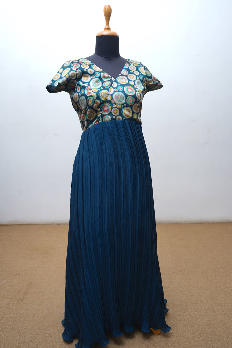 Peacock Blue Printed Tussar With Pleated Chinnon Mom Dress