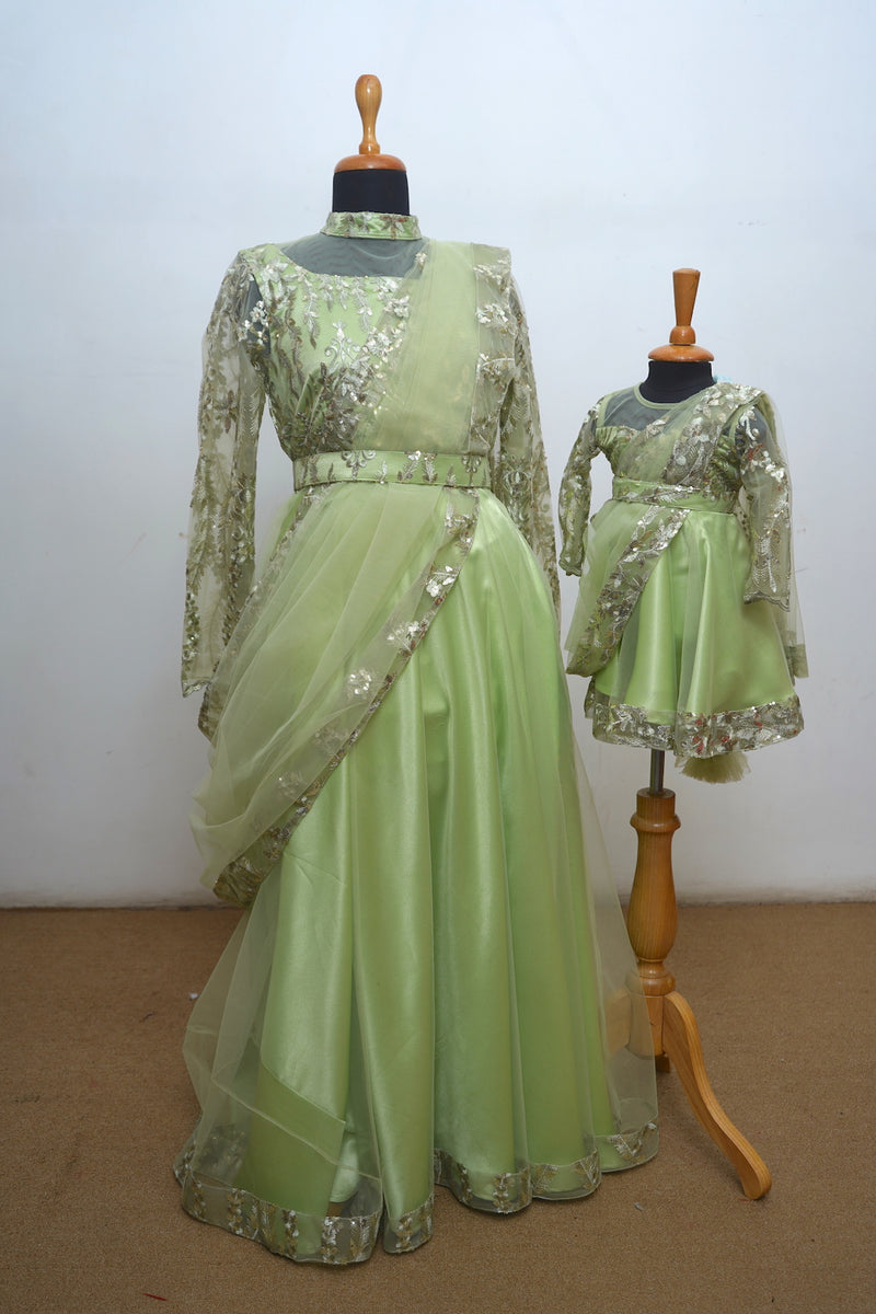 Pista Green Twin Traditional Mom Daughter Combo Anveshana Clothing Pista Green Twin Traditional Mom Daughter Combo Anveshana Clothing