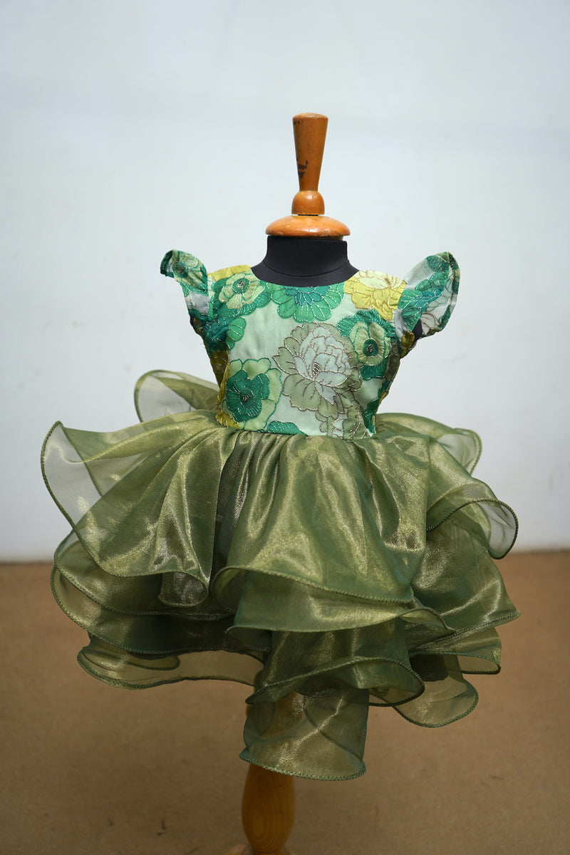 Olive Green Printed Organza With Shimmer Net Layered Baby Dress