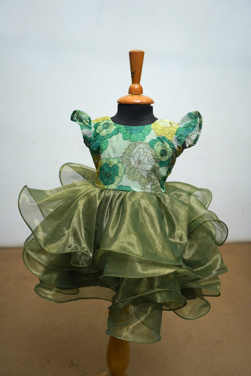 Olive Green Printed Organza With Shimmer Net Layered Baby Dress Anveshana Clothing Olive Green Printed Organza With Shimmer Net Layered Baby Dress Anveshana Clothing