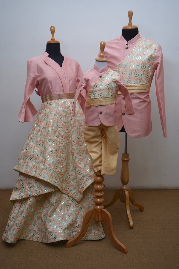 Half White Brocade With Pinkish Raw Silk Family Combo