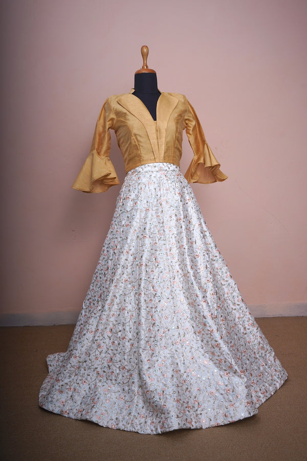 White brocade With Golden Raw Silk Mom Dress