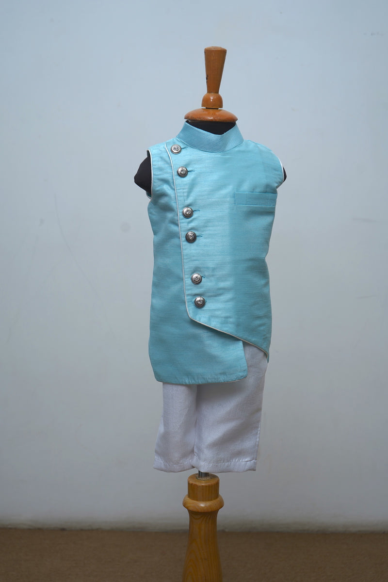 Kid Kurta With Sea Blue And White Raw Silk