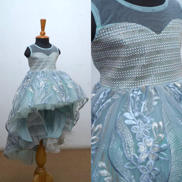 Sea Blue Fancy Net With Pearl Fused Net Baby Dress
