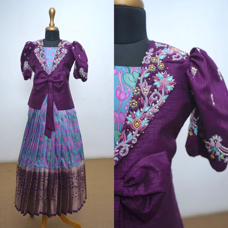 Thread Worked Purple Coat With Traditinal Pattu Pavada