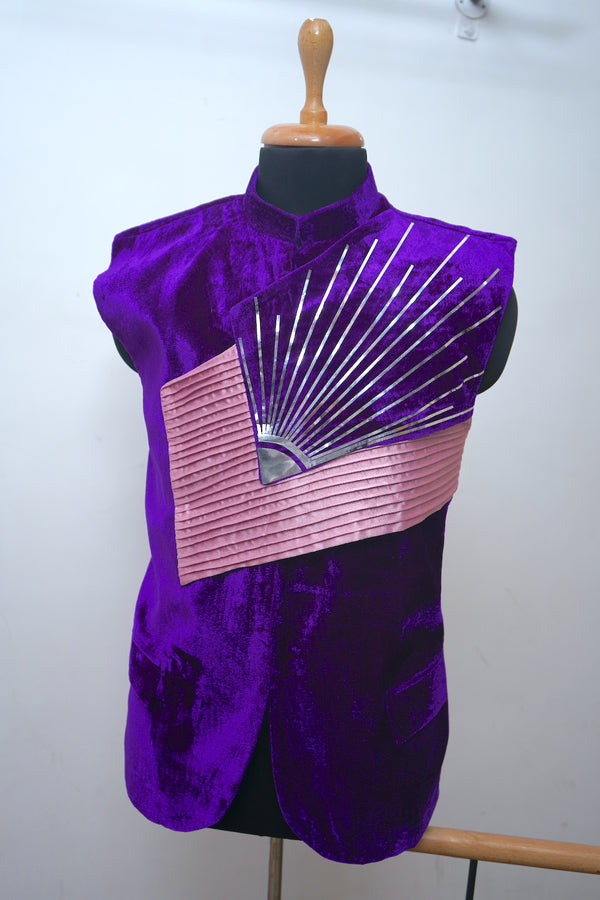 Violet Velvet With Silver foil And Baby Pink Raw Silk Men Waist Coat