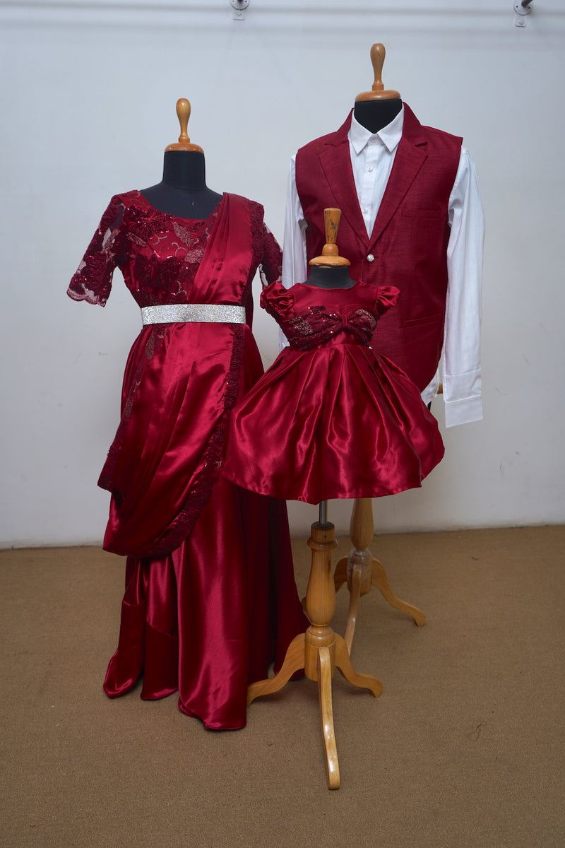 Red Wine Saree Gown ,Ball Gown,Waist Coat With Fancy Net,Satin And Raw Silk Family Combo