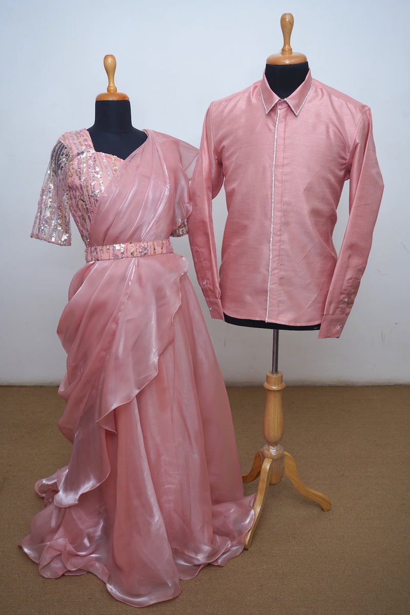 Pinkish Raw Silk With Fancy Net And Jimmy Chu Couple Clothing
