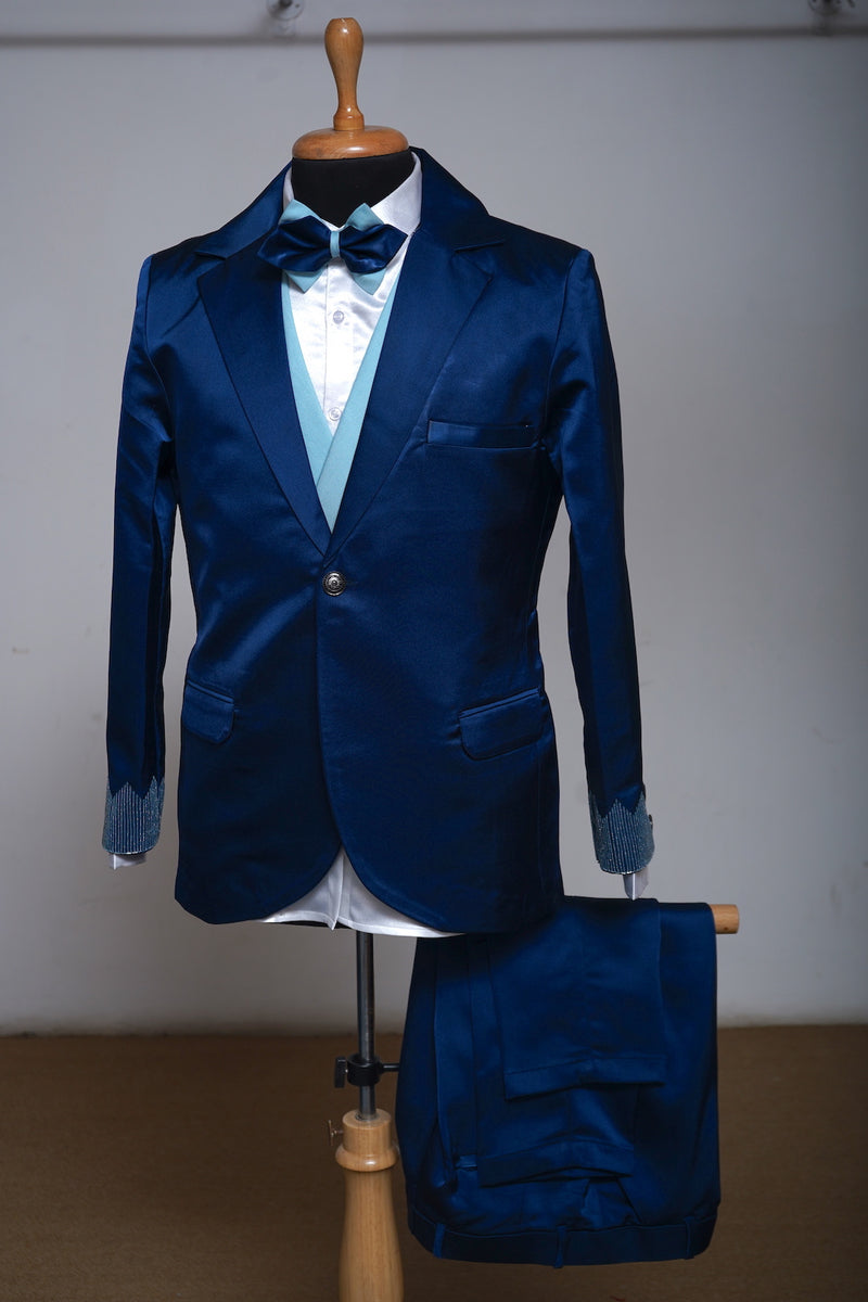 Peacock Blue With Sky Blue Groom Satin Blazer Set