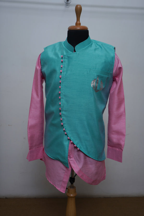 Teel Blue And Pink Designer Waist Coat , Short Kurta