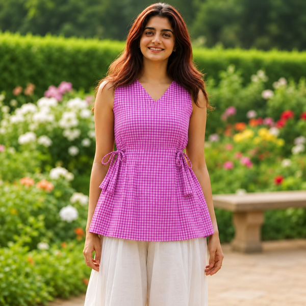 Cherry Check Sleeveless Tie-Up Peplum Top For Women