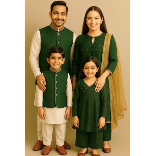 Family wearing coordinated emerald green and cream raw silk ethnic outfits — father, mother, son, and daughter in matching traditional festive attire.