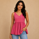 Rose Blush Striped Sleeveless Peplum TopFor Women