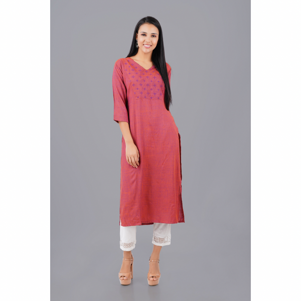 Tomato red Yoke embroidered Kurta
