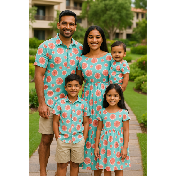 Indian family wearing matching aqua outfits with citrus slice prints – coordinated cotton summer wear for mom, dad, son, daughter, and baby.

