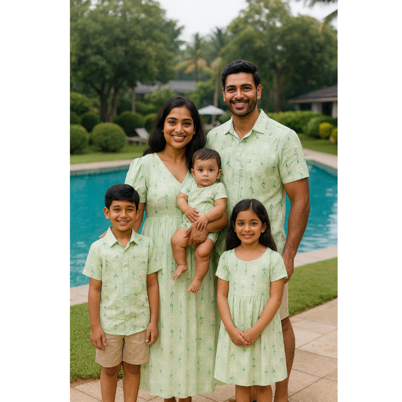 Indian family in matching light green bamboo print cotton outfits – mom, dad, son, daughter, and baby posing together by a pool