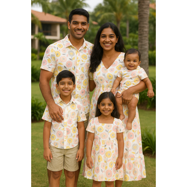 Indian family wearing matching pastel citrus bloom outfits – dad in shirt, mom in maxi dress, son in shirt, daughter in dress, baby in romper.