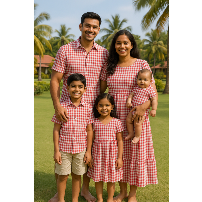 Indian family wearing matching red and white gingham outfits – dad in shirt, mom in maxi dress, son in shirt, daughter in dress, baby in romper.